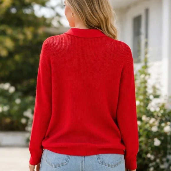 Bailey | Textured Red Knit Polished Cardigan - Picture 2 of 8